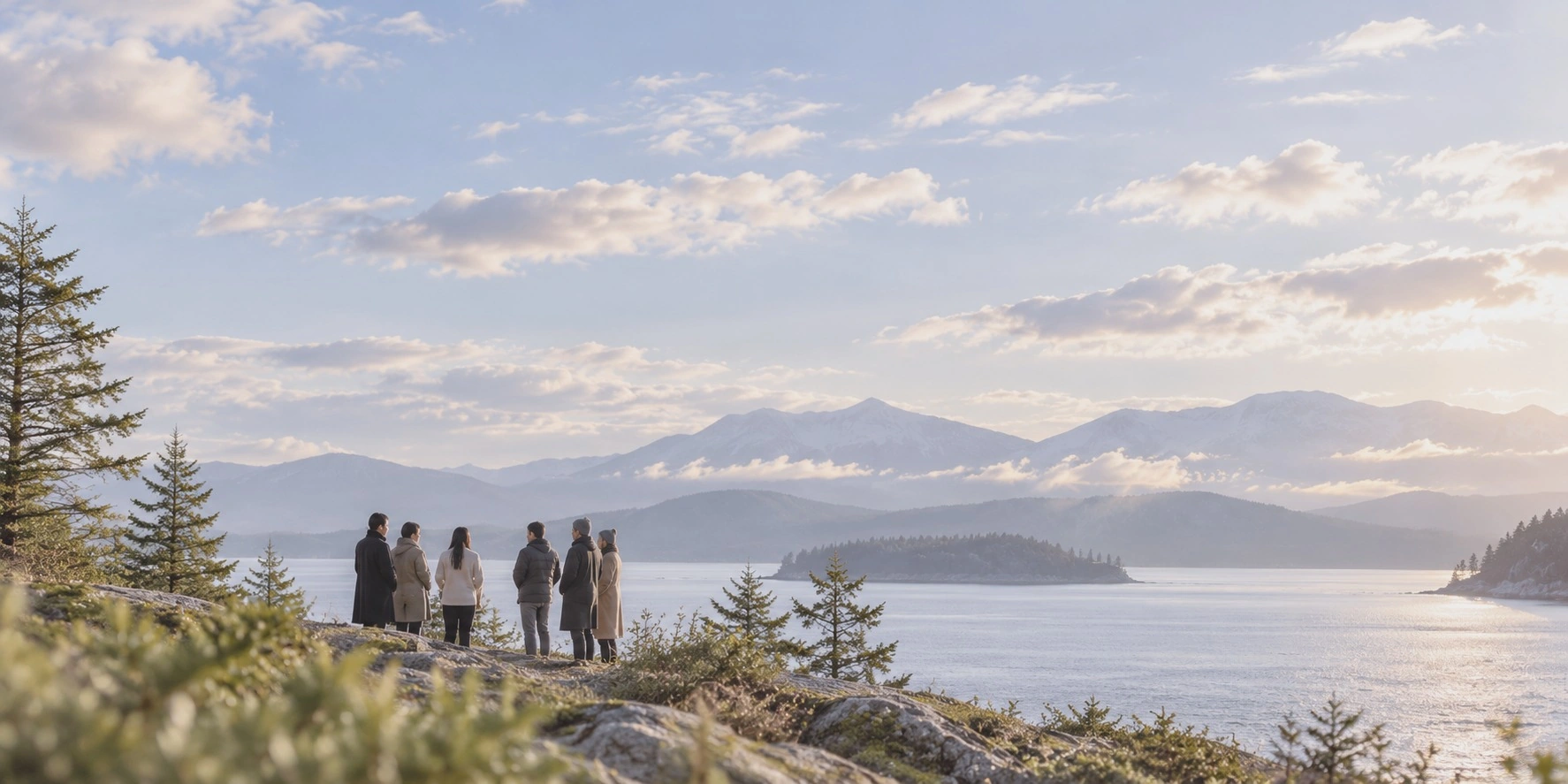 Six people standing on a rocky slope overlooking a lake and mountains