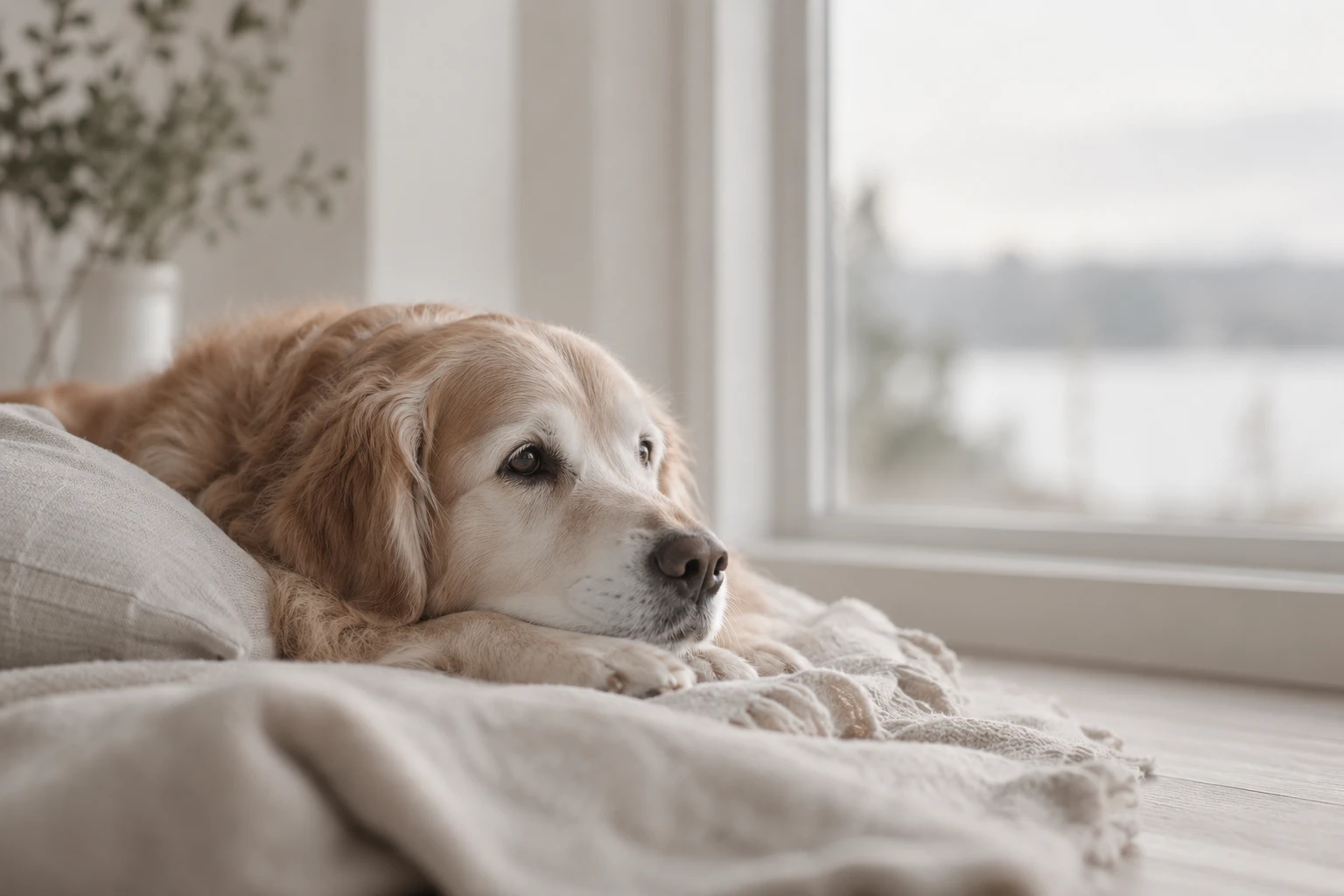 A Golden Retriever resting on a blanket beside a bright window