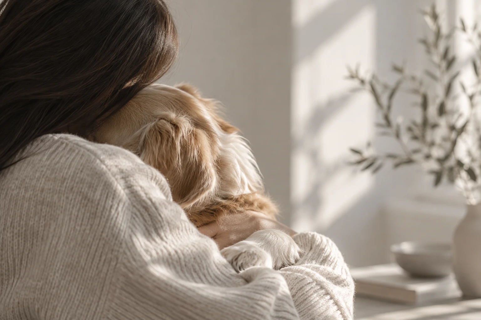 A person holding a Golden Retriever beside a window